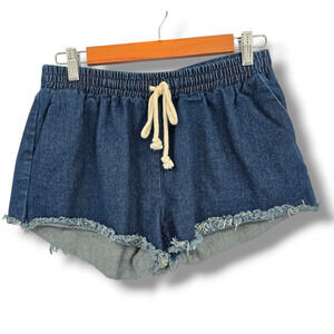 Ellison Women's Raw Frayed Hem Elastic Waist Mini Denim Shorts Size Medium